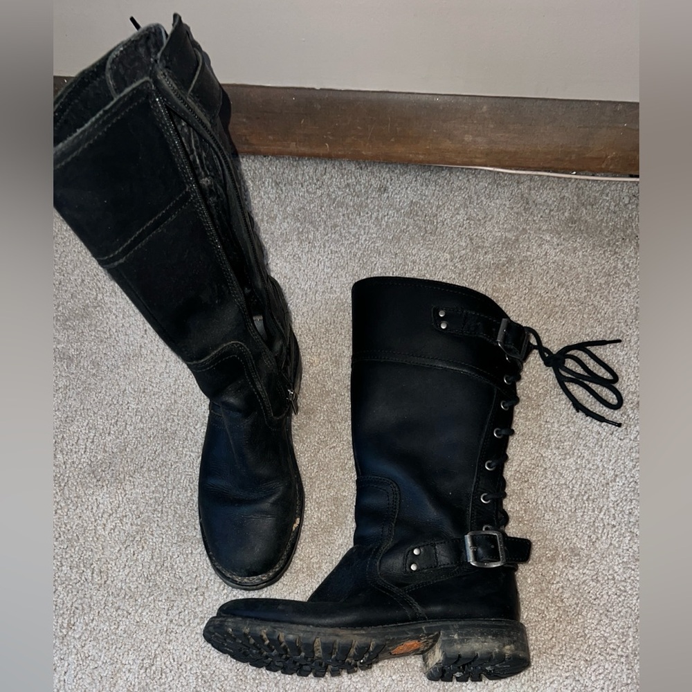 Black Back Lace Leather Harley Davidson Riding Boots Sz 8